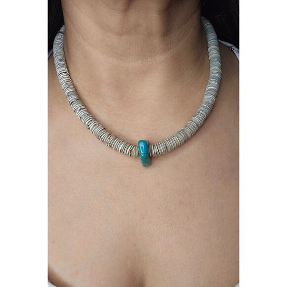 Turquoise Shell Necklace Jewelry - Vintage 1970s Shell and Turquoise Heishi Style Necklace